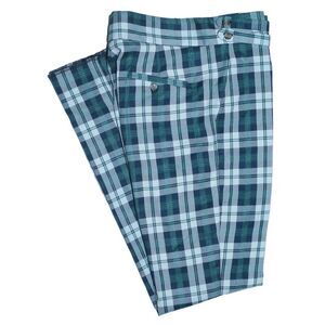 Mens Gurkha Pants Blue Green White Plaid Wool Slim High Waist Flat Front 34